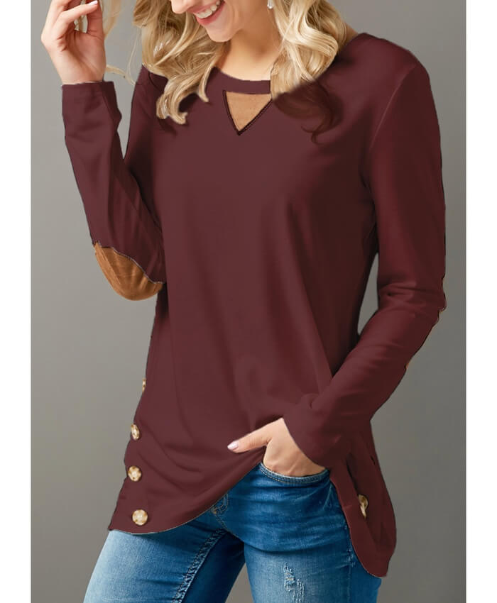 Long Sleeve Patchwork Button Detail T Shirt